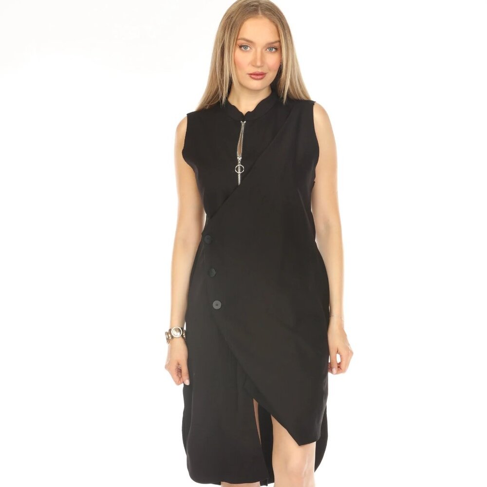 Black Button Detailed Dress With Zipper